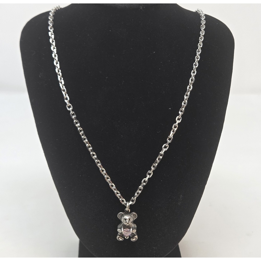 Silver Tone Teddy Bear Pendant Necklace Pink Heart Stone Charm 20in Chain